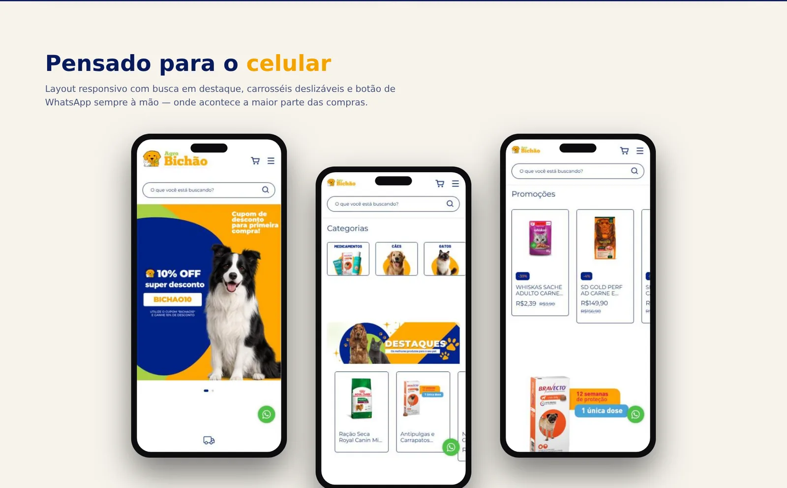 Telas da loja virtual Agropet Bichão no celular
