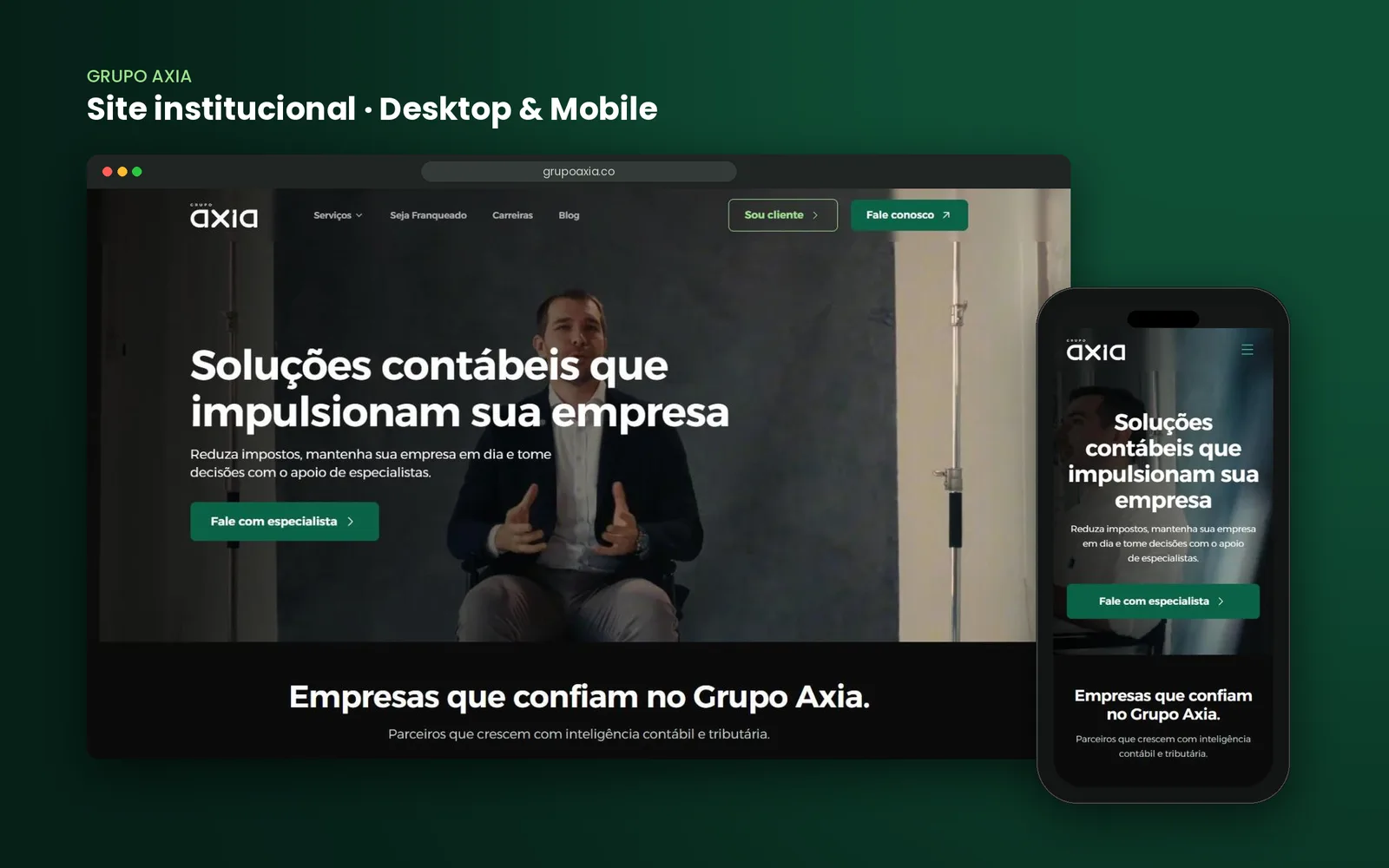 Site do Grupo Axia no computador e no celular