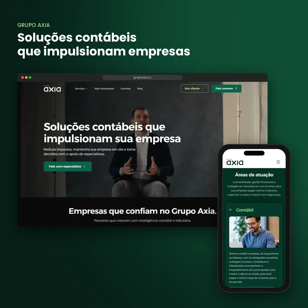 Seção de áreas de atuação do site do Grupo Axia no celular