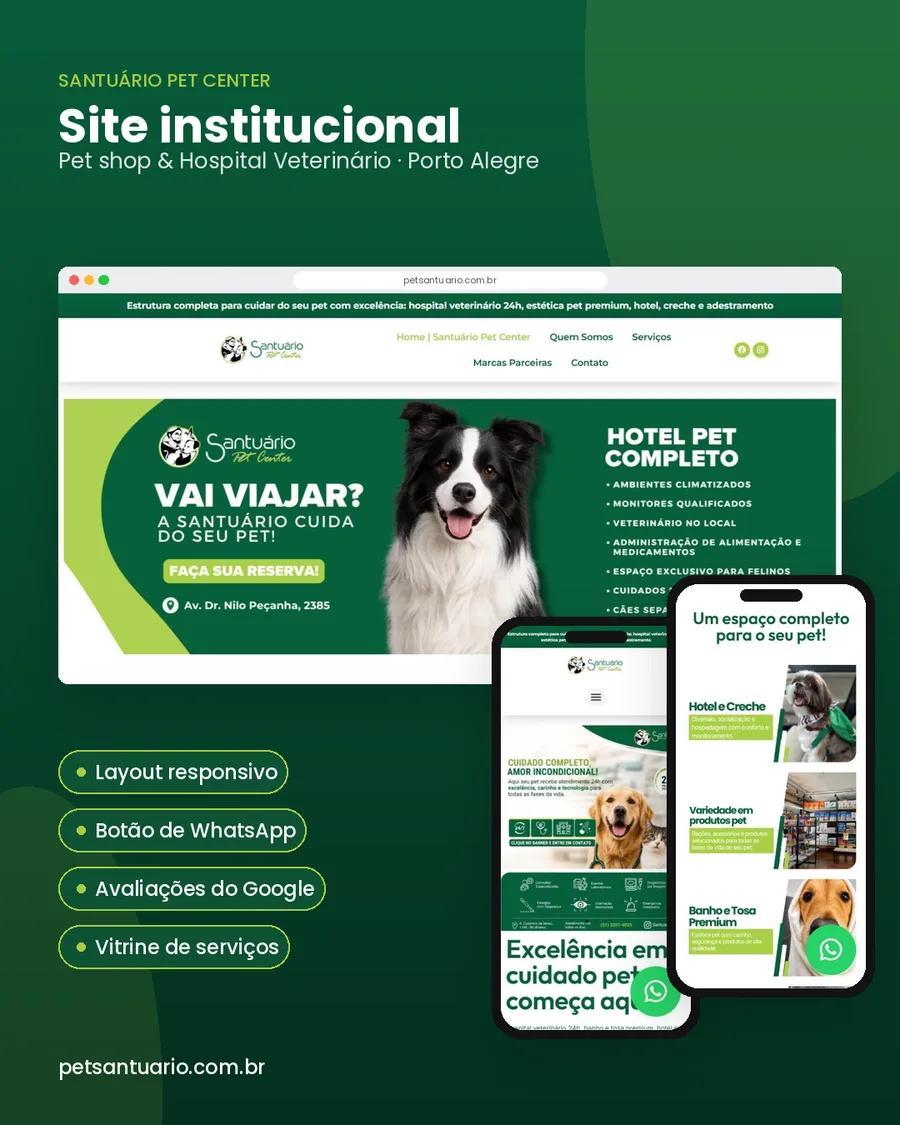 Site do Santuário Pet Center no computador e no celular